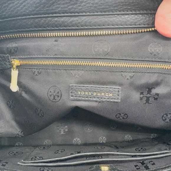 Tory Burch Meyer Plaque Pebbled Leather Tote Bag in Black - Picture 9 of 16